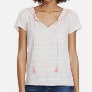 Vineyard Vines XS Boardwalk Smocked Tassel Tie Neck Top Pink White Short Sleeve